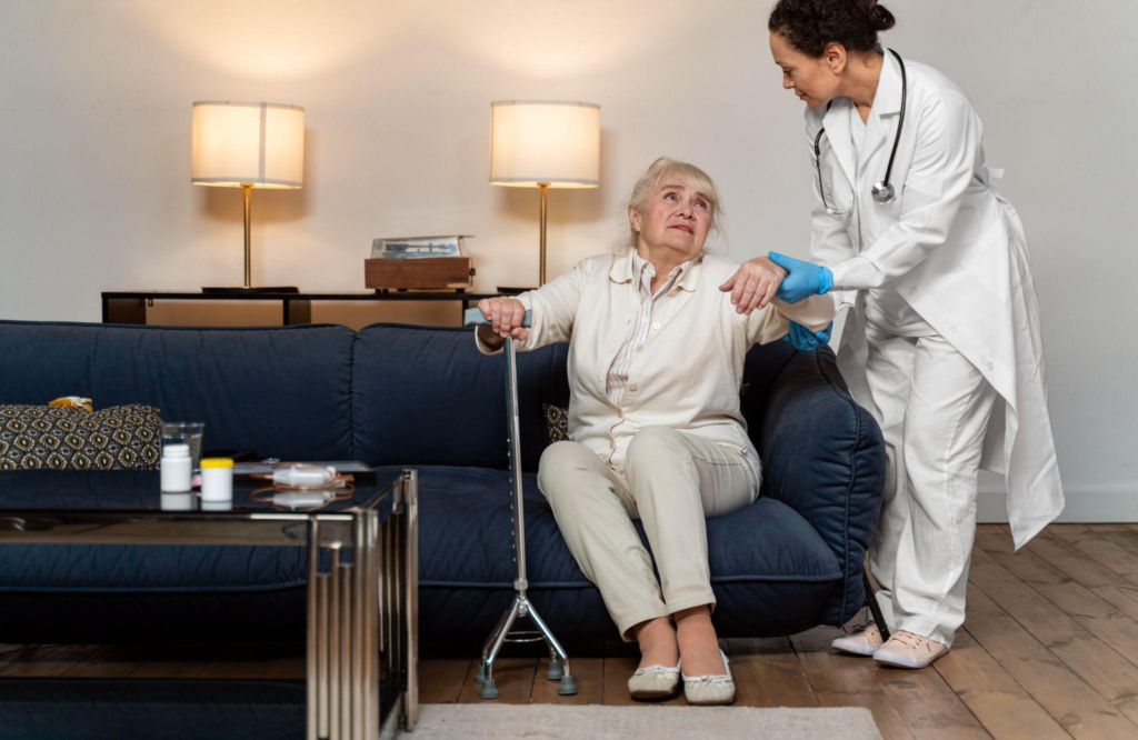 Older adult receiving supportive companionship and assistance at home in Burlington County, NJ.